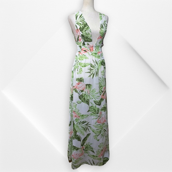 Boohoo Green White&Pink Tropical Vacation Cruise Pool Beach CoverUp Maxi Dress,S - Picture 11 of 13